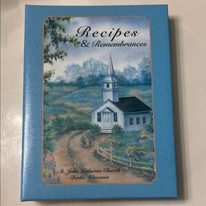 Blue Recipe Book with Church Illustration